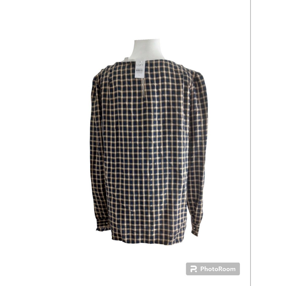 NWT LOFT Ann Taylor Women's L Navy & gold loose fit plaid blouse long sleeve top - Picture 3 of 8